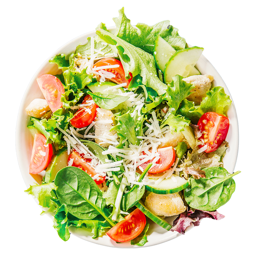 Image of a green salad with lettuce, tomatoes and fresh ingredients