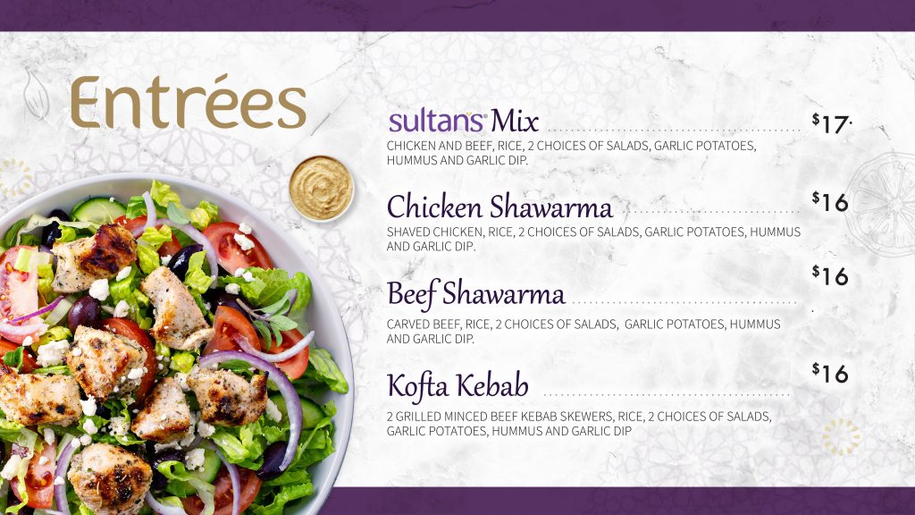 Sultan's Mediterranean Grill Entree Menu | Simcoe Place, Downtown Toronto, Ontario, Canada