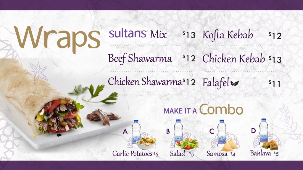Sultan's Mediterranean Grill Wrap Menu | Simcoe Place, Downtown Toronto, Ontario, Canada