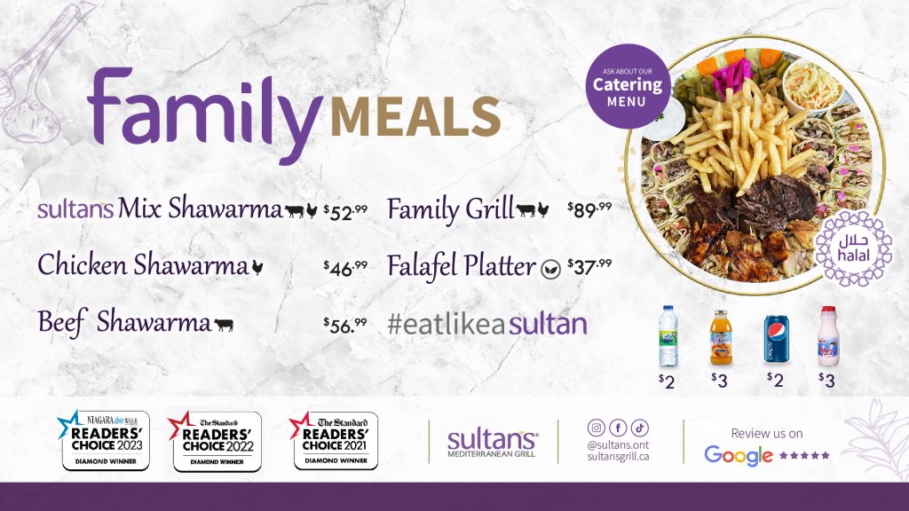 Family Meals Menu Screen. Sultan's St Catharines